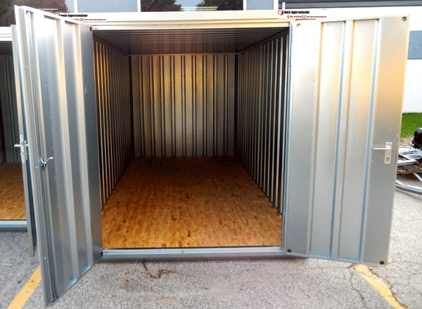 1x2m SchnellbauContainer Gerätecontainer mit 1flgl.-Tür auf der 2m Seite mit OSB-Holzboden 4 Kranösen Staplerführung verzinkt