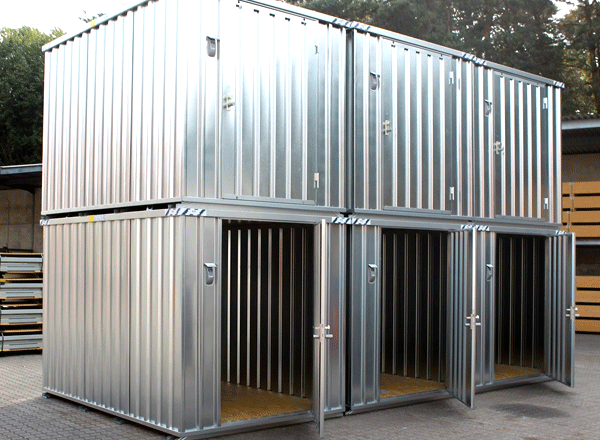 6m Schnellbaucontainer Materialcontainer mit 1flgl.-Tür auf der 2m Seite mit OSB-Holzboden 4 Kranösen Staplerführung verzinkt