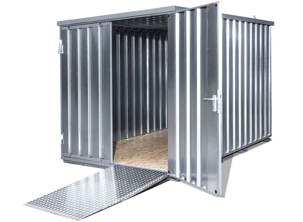 2m Schnellbaucontainer Lagerbox mit 1flgl.-Tür auf der 2m Seite mit OSB-Holzboden 4 Kranösen Staplerführung verzinkt