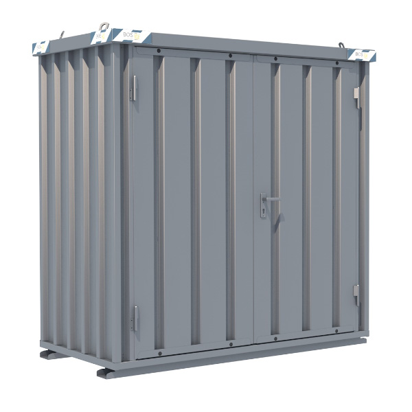 BOS 1x2m Schnellbaucontainer, 2-flügelige Tür 1750x1890mm auf der 2 m-Seite, OSB-Holzboden, 4 Kranösen, Staplertaschen, feuerverzinkt