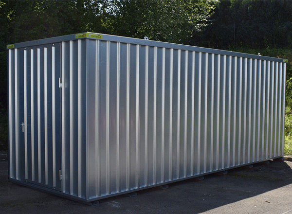 4m Schnellbaucontainer Blechcontainer mit 1flgl.-Tür auf der 2m Seite mit OSB-Holzboden 4 Kranösen Staplerführung verzinkt