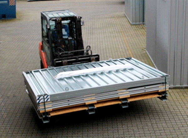 3m Schnellbaucontainer Leichtbaucontainer mit 1flgl.-Tür auf der 2m Seite mit OSB-Holzboden 4 Kranösen Staplerführung verzinkt